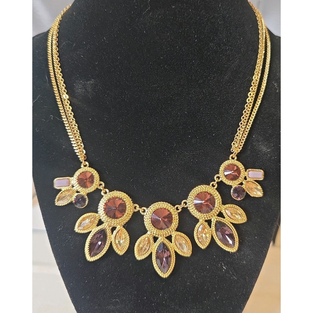 Gold Tone Purple Champagne Rhinestone Statement Necklace Multi Strand Adjustable